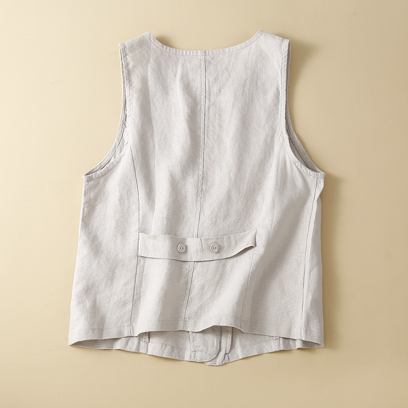 Tres estaciones artístico Lino chaleco verano cuello v cuello casual sin mangas de algodón y lino chaleco exterior fino abrigo image 5