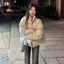 韩版显白奶蓝色条纹蝴蝶结羽绒服外套女冬季不臃肿加厚保暖面包服