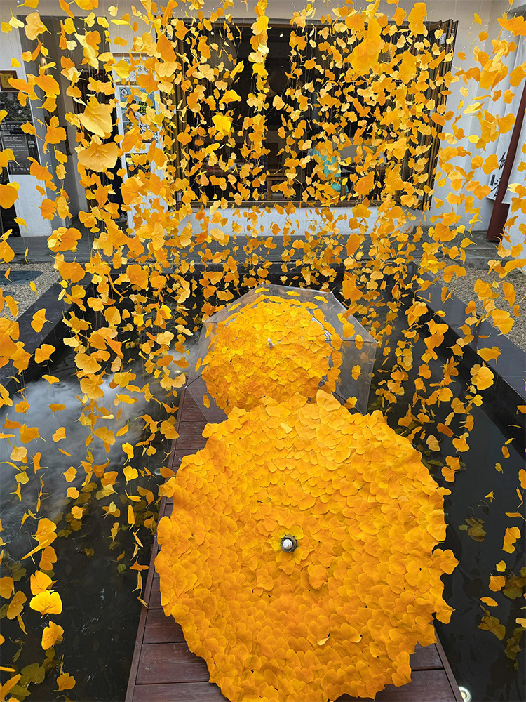 新中式网红秋日氛围感室外小院金黄色系布景打卡拍照仿真银杏叶
