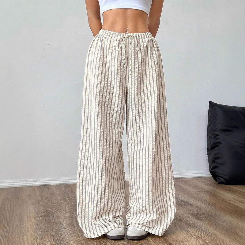 2025 European and American Cross-Border Casual Style Women's Drawstring Elastic Waist Lazy Versatile Wide Striped Casual Straight-Leg Women's Pants 2025 European and American Cross-Border Casual Style Women's Drawstring Elastic Waist Lazy Versatile Wide Striped Casual Straight-Leg Women's Pants