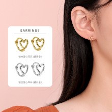 S925纯银圆珠爱心耳圈耳扣时尚简约个性ins风高级感镀K金心形耳环