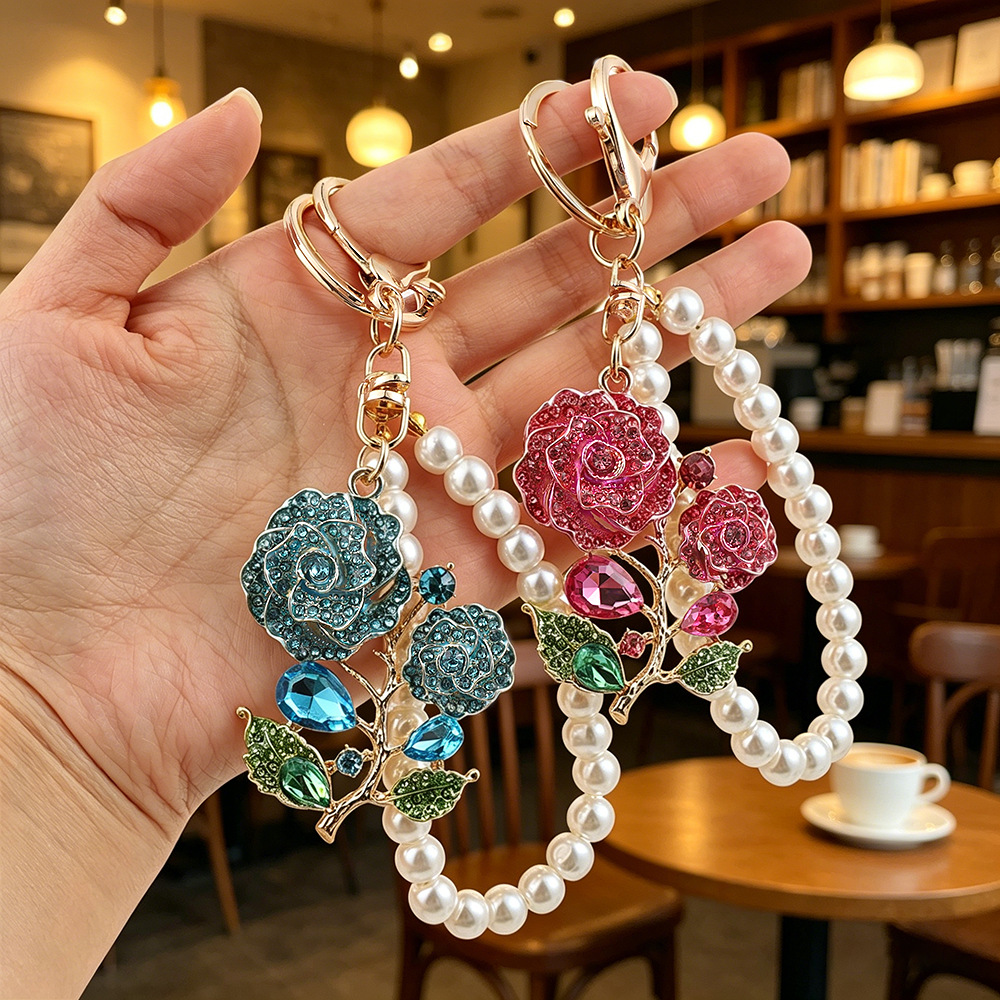 Porte-clés de luxe fleur de rose avec pendentif sac en diamants_voghion.com