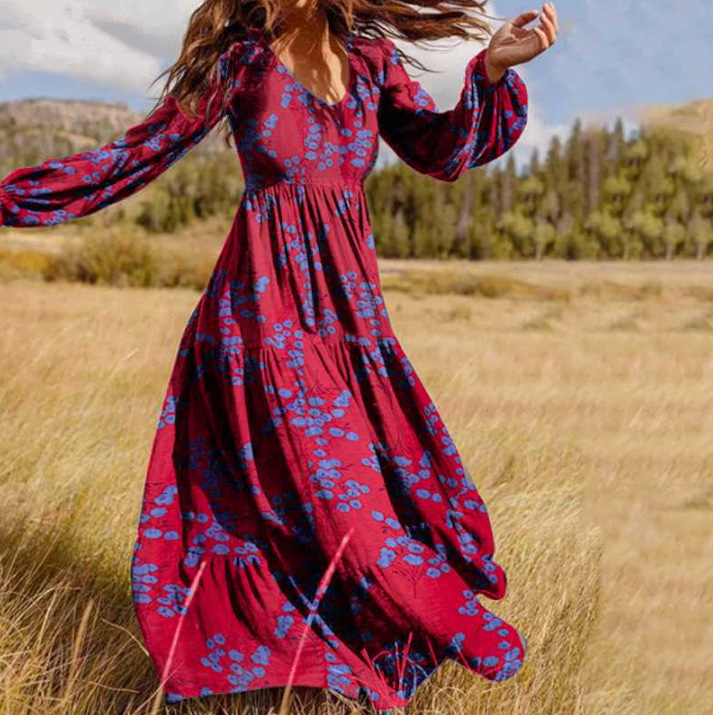 Robe longue maxi bohème patchwork froncée, coupe ajustée, style européen et américain, en rayonne imprimée MP-656_voghion.com