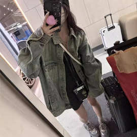 巴黎家重工水洗做旧做脏牛仔外套女秋复古宽松廓形牛仔上衣