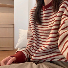 MISSMARM 韩系慵懒红色条纹圆领卫衣女秋季2025新款宽松休闲上衣