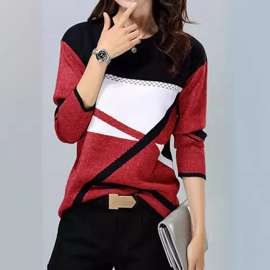 Ropa de mujer transfronteriza europea y americana compatible con varias plataformas, nueva camiseta de manga larga con cuello redondo y estampado de posicionamiento en contraste