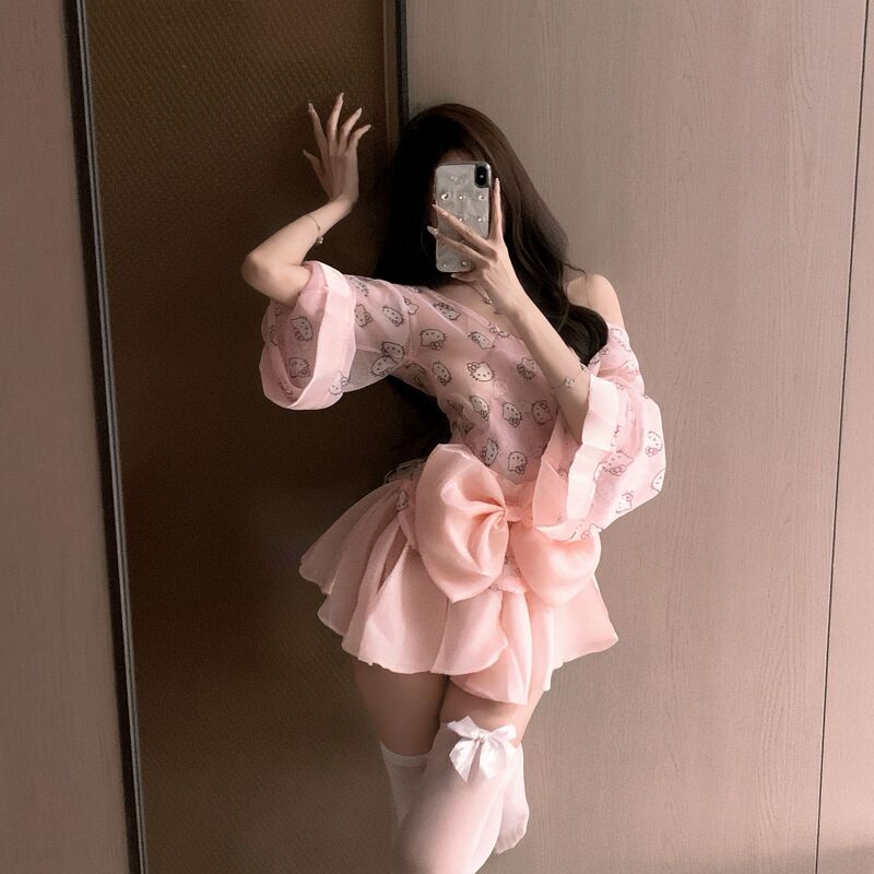 Nuonuo Little Bunny Private Chiffon Printed Kitten Maid Kimono Set Sexy Lingerie Sexy Pure Desire Exposed Breasts