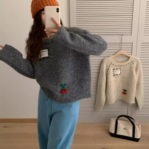 Korean style patch letter top embroidered sweater for women, autumn and winter lazy style, loose and versatile outer wear cherry sweater