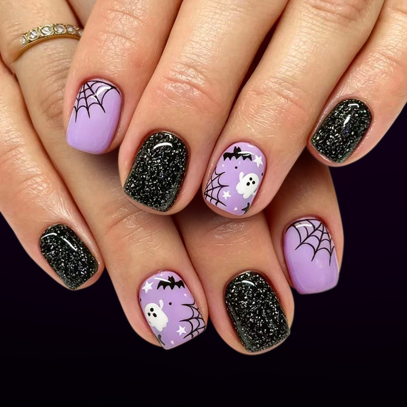 Short Glitter Halloween Glitter Nail Pieces Black Cobweb Bat Cute White Ghost Nail Patch 24 Pieces Short Glitter Halloween Glitter Nail Pieces Black Cobweb Bat Cute White Ghost Nail Patch 24 Pieces