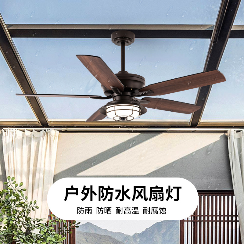 Outdoor Waterproof Sunscreen Ceiling Fan Light Cross-border Foreign Trade Industrial Fan Light Sunshine Room Pavilion Loft Electric Fan