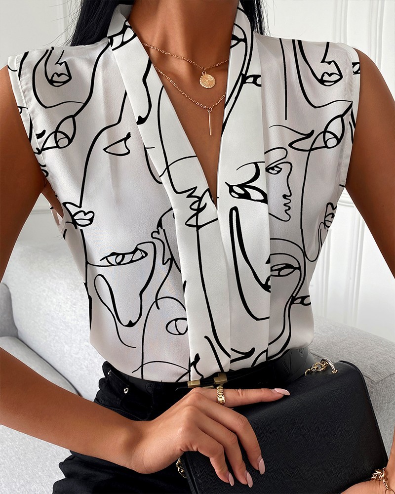 2023 estación independiente deseo Amazon popular verano europeo y americano moda casual sin mangas con cuello en V camisa impresa para las mujeres