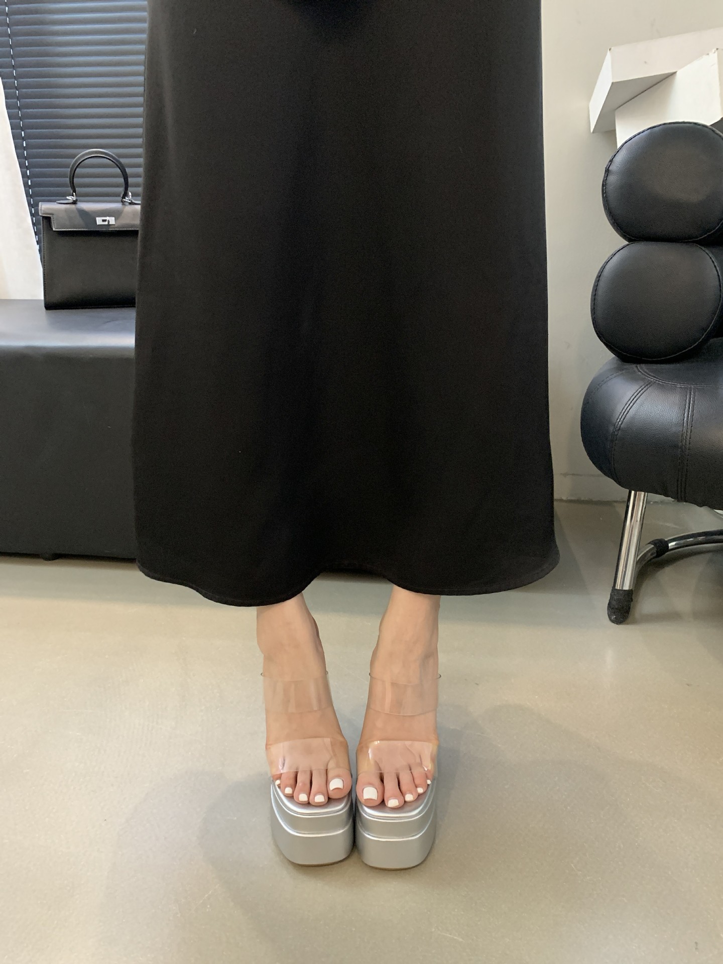 Sandal cao gót nữ hở mũi đế dày trong suốt đính đá rhinestone gót 15 cm — Màu đen chi tiết 24