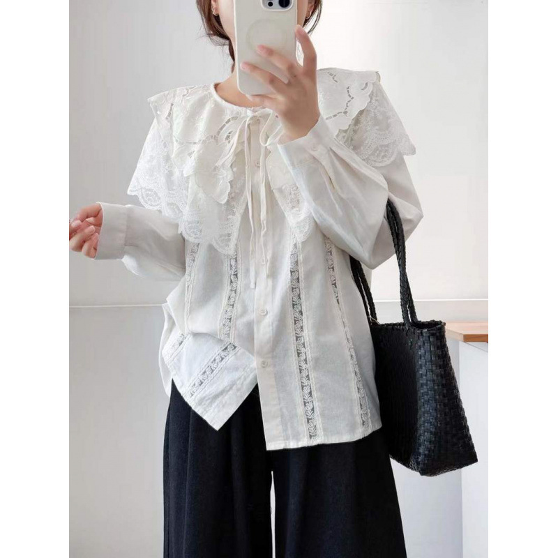 2025 Autumn Clothing Multi-Layered Lace Collar Solid Color Loose Pleated Women's Cardigan Long Sleeve Shirt Top