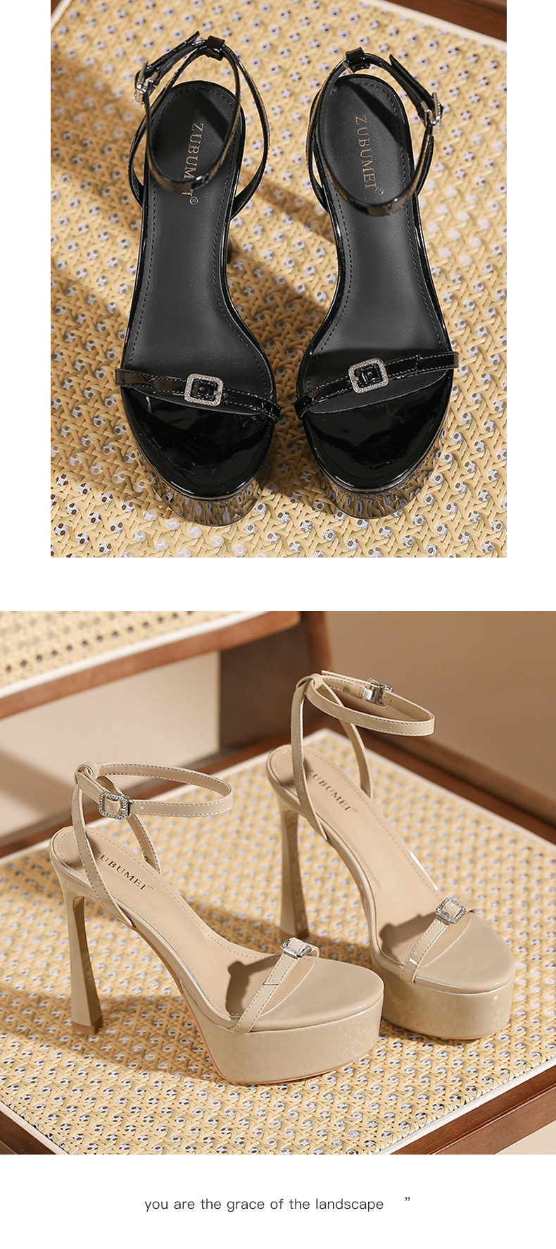 Sandal cao gót nữ quai một dây mảnh khóa cài, mũi tròn đế xuồng chống trượt — màu đen chi tiết 8