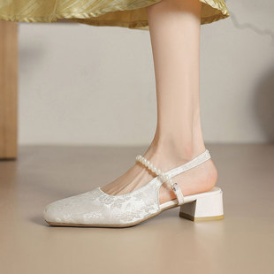 Fairy Style Square Head Thick Heel Women's 2025 Summer New Style Chanel Pearl Mary Jane Shoes