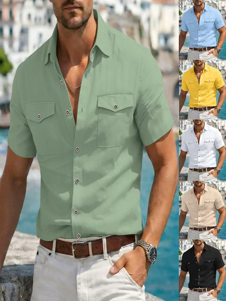 2026 Summer Cross-Border European and American Men's Linen Shirt Fashion Double-Pocket Workwear Style Solid Color Short-Sleeve Turn-Down Collar Shirt