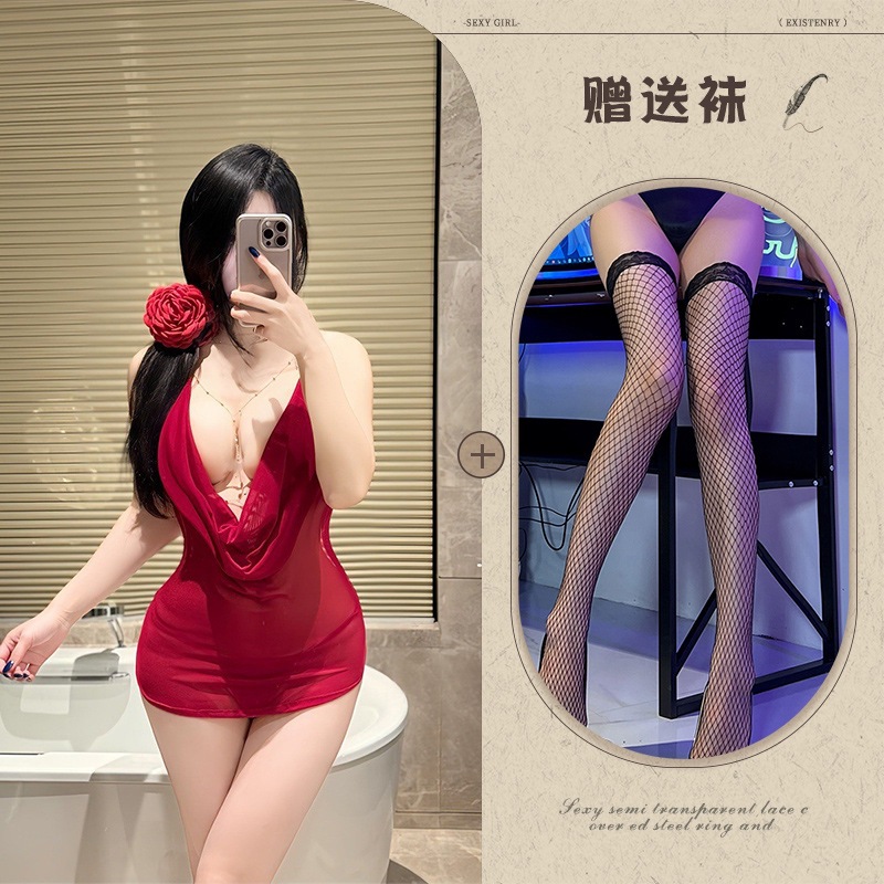 레드 + 블랙 망사 스타킹