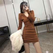 韩系女神范修身显瘦小个子百搭包臀打底短裙领连衣裙女秋冬新款