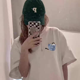 夏季纯棉白色正肩短袖T恤女宽松透气百搭不挑人圆领亲肤前后印花