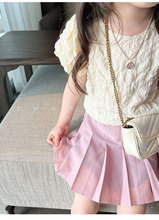 韩版女童套装立体感小众肌理皱皱短袖上衣+粉色百褶裙两件套童装