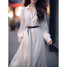 2024年新款女春装搭配一整套时尚衬衫法式长裙海边度假白色连衣裙