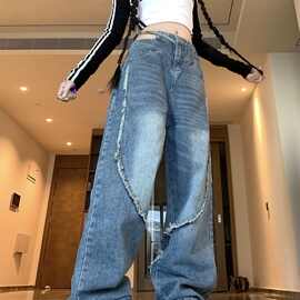 实拍！！！ 设计辣妹风不规则蓝色牛仔裤女宽松直筒裤高腰