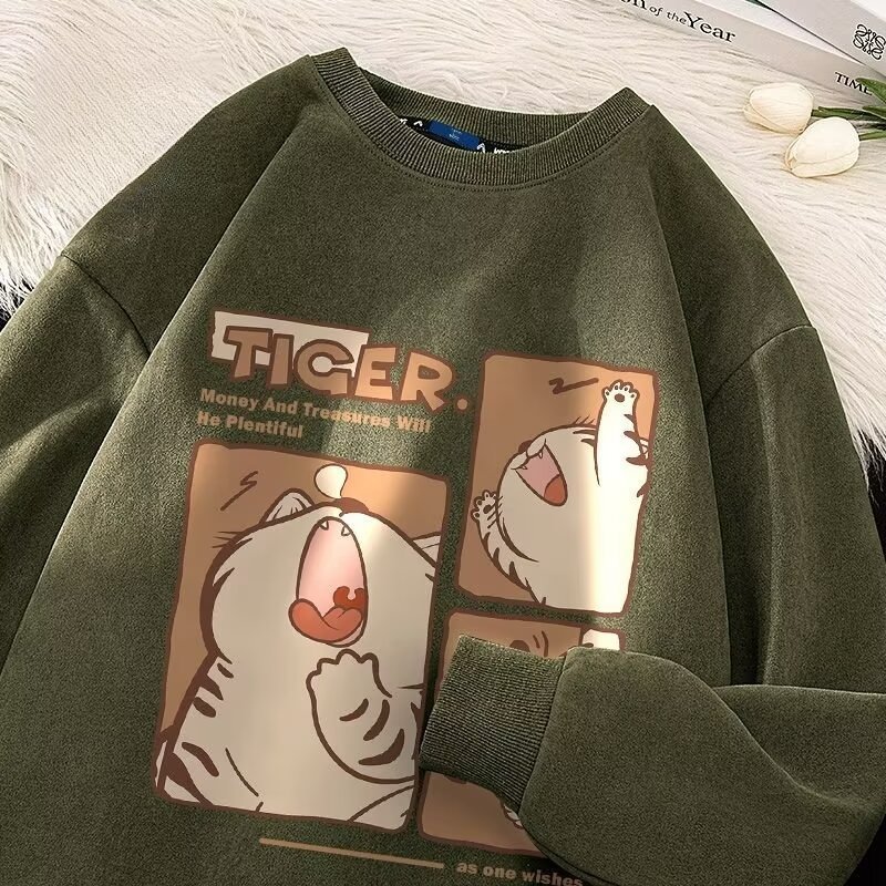 Cartoon Printed Suede Hoopless Sweater Men's Lazy Style Clothes Show Thin Fashion Trend_viptrois.com