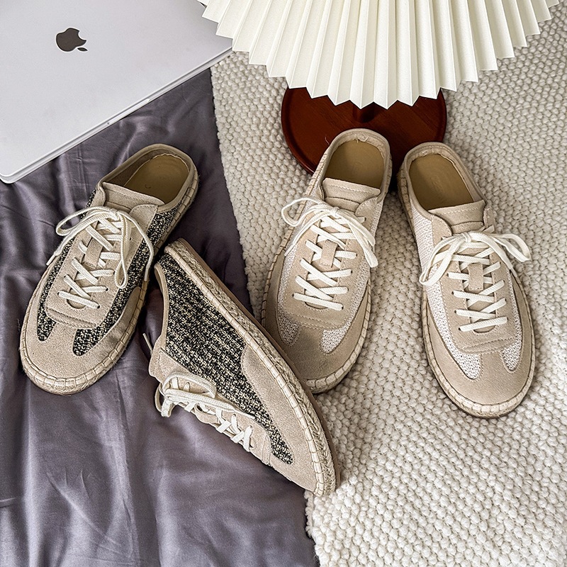 3800足下透气德训半托男女情侣款夏季一脚蹬平底拖鞋复古网布