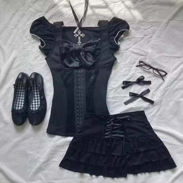 Cross-Border European and American Cute Harajuku Women's Short Skirt Retro Street Gothic Fashion Sweet Bow Short Top Cross-Border European and American Cute Harajuku Women's Short Skirt Retro Street Gothic Fashion Sweet Bow Short Top