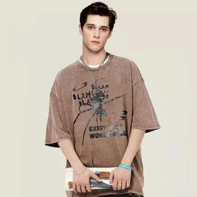 230g camiseta de manga corta para hombres de verano cuello redondo suelto sobretamaño retro americano marca de moda chaqueta retro casual