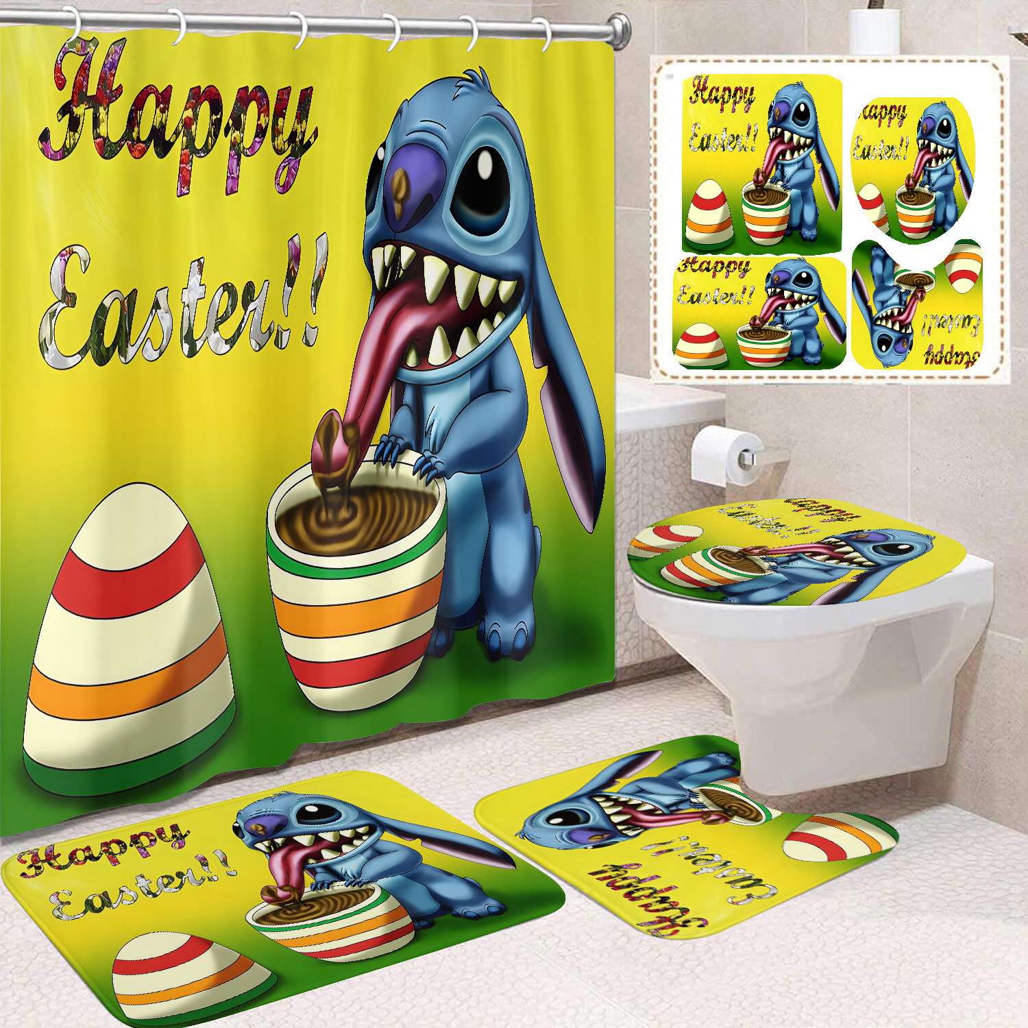 Venta directa de fábrica lindo baño de dibujos animados de cuatro piezas cortina de ducha impermeable cortina de ducha sin perforación cortina de partición de baño de baño