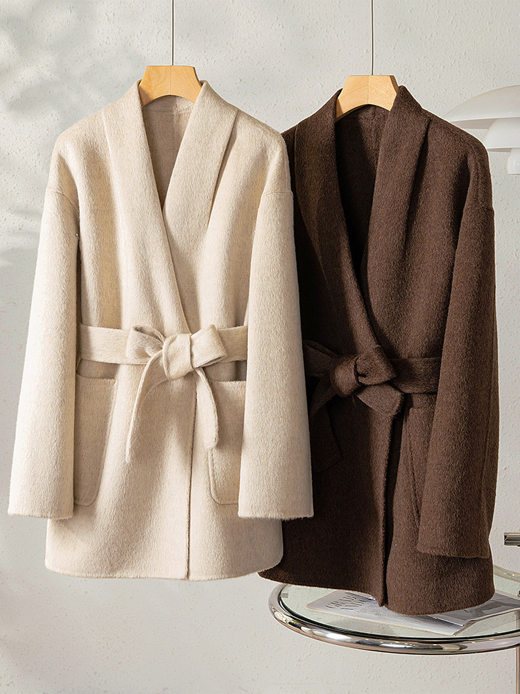 エンディウールコート レディース 2025秋冬新作 両面ウール 高級感 ウエストシェイプ キャメルベルベット 小柄さん向けコート