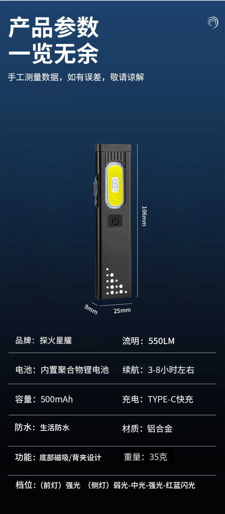 Ultra-thin flashlight with strong light, rechargeable, ultra-bright, outdoor long-range, compact and portable, super powerful LED magnetic repair work light