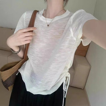 设计感侧边抽绳圆领基础短袖2025夏季西新款韩版显瘦圆领上衣T恤