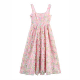 2025夏季新款女装气质时尚百搭简约无袖甜美风方领收腰大摆长裙