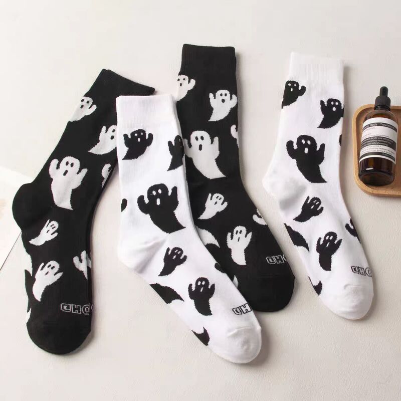 Women's Halloween Ghost Creative Ins Trend Socks Couple Mid-Calf Black and White Versatile Long Socks Men's Sports Socks