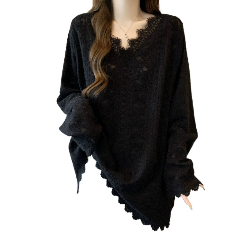 Long lace demi-season long-sleeve, V-образный вырез, середина длины, для полных женщин, оверсайз