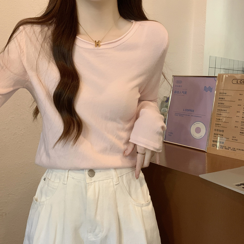 春秋薄款圆领百搭修身显瘦长袖打底针织衫上衣秋冬内搭粉色毛衣女|undefined