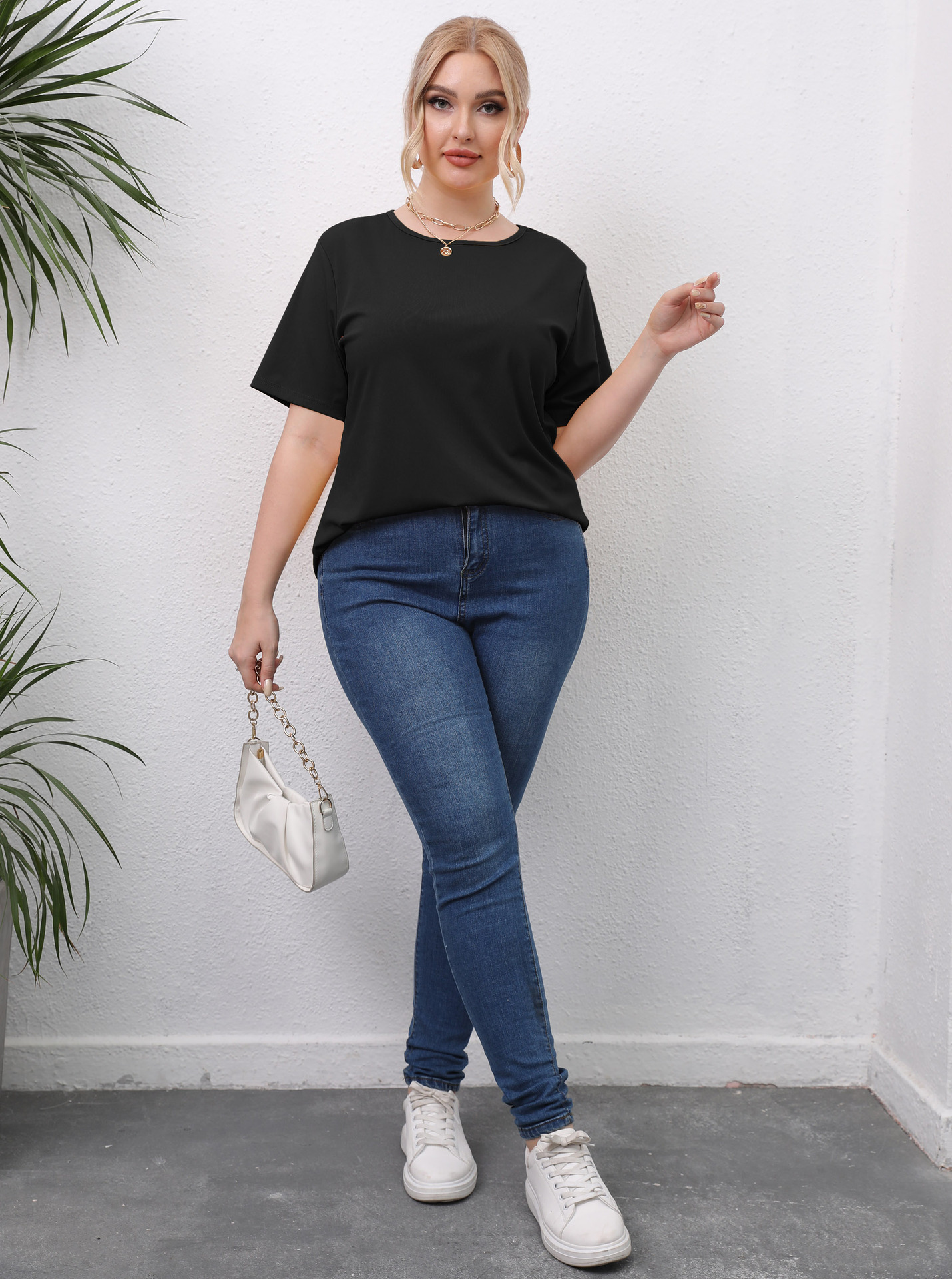 plus size hollow short-sleeved round neck solid color T-shirt NSOY125438