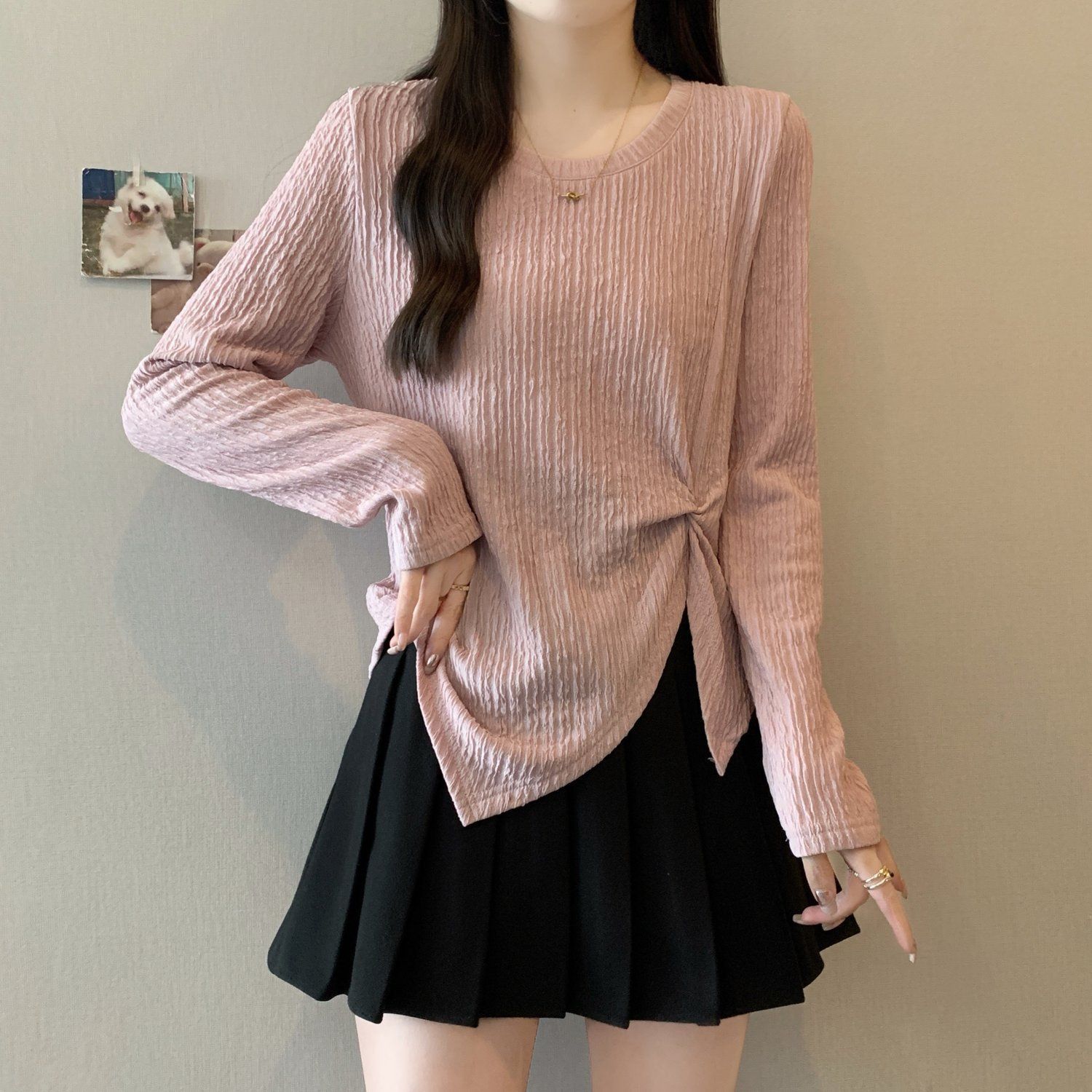 Plus-Size Irregular Texture Split Long-Sleeve T-Shirt for Women, New Spring and Autumn Style, Loose Fit, Slimming, Covers the Body, Outerwear Top