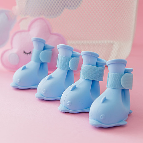 Cartoon puppy shoes, Pomeranian Bichon Teddy shoes, jelly rain boots, set of 4 waterproof foot covers, pet rain boots