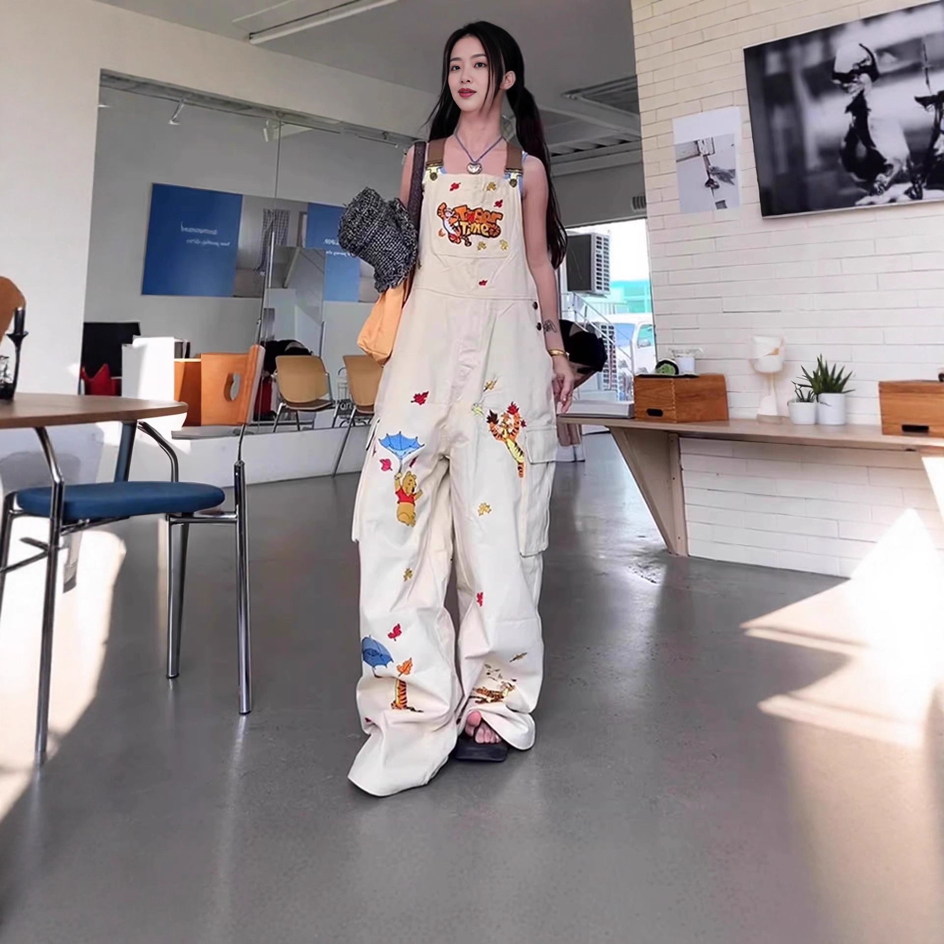 美式复古卡通刺绣牛仔背带裤女夏季高街设计感宽松显瘦阔腿连体裤