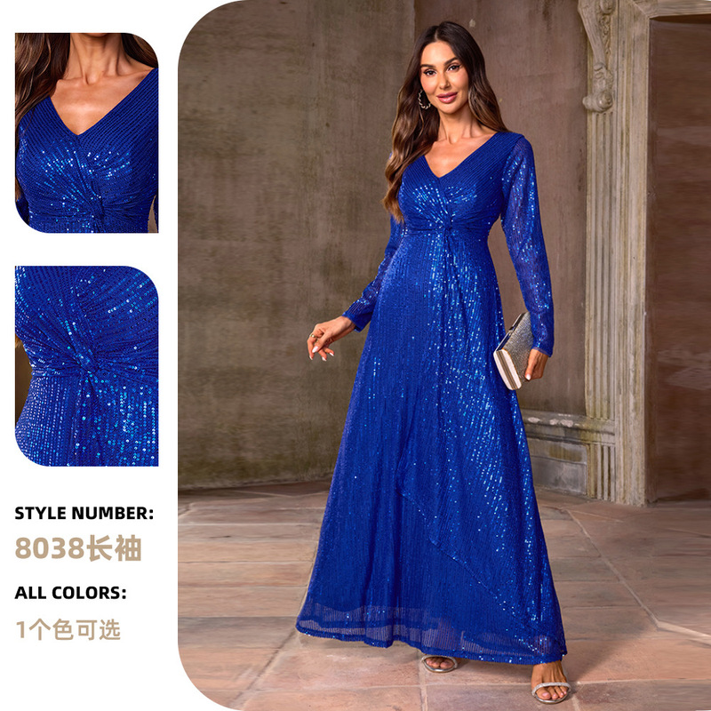 Cross-Border Amazon Elegant Sequin Party Dress Women's Ball Gown Elegant Socialite Guest Wedding Evening Dress