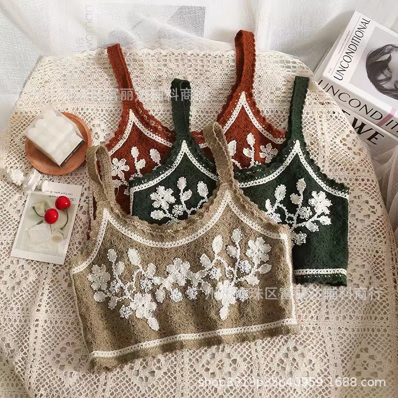 新款复古港风珠链绣短款镂空外穿吊带 手钩针织碎花百搭小背心