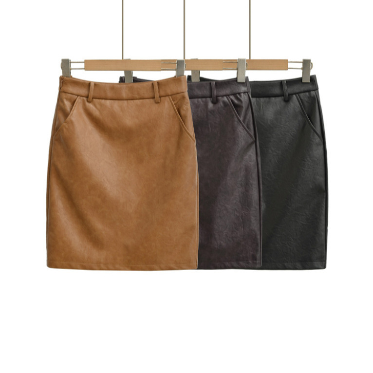 High-Waisted Pu Leather Skirt for Women 2025 Autum New American Retro Sexy Pure Color Mid-Length Slit Hip Skirt