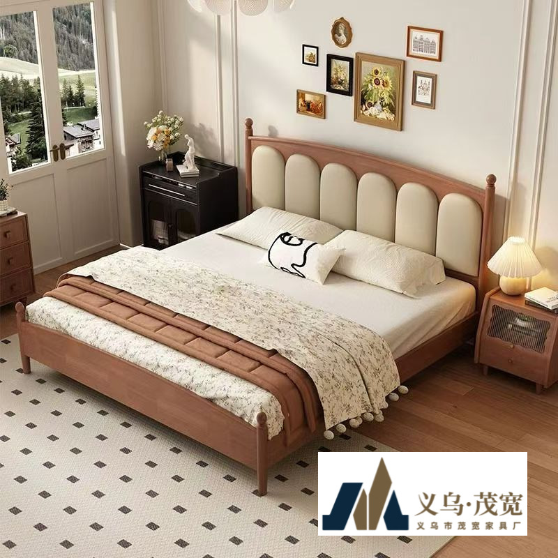 French-Style Retro Bed Modern Homestay 1.5 Small Apartment Antique Simple Double Bed 1.8 Master Bedroom Solid Wood Soft Backrest Nordic