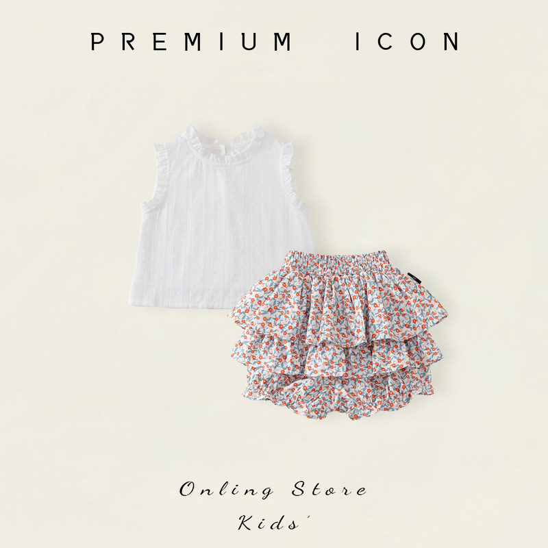 Girls' White Lace Flutter-Sleeve Stylish Top and Floral Cake Skirt Two-Piece Set 2026 Summer Collection Wholesale