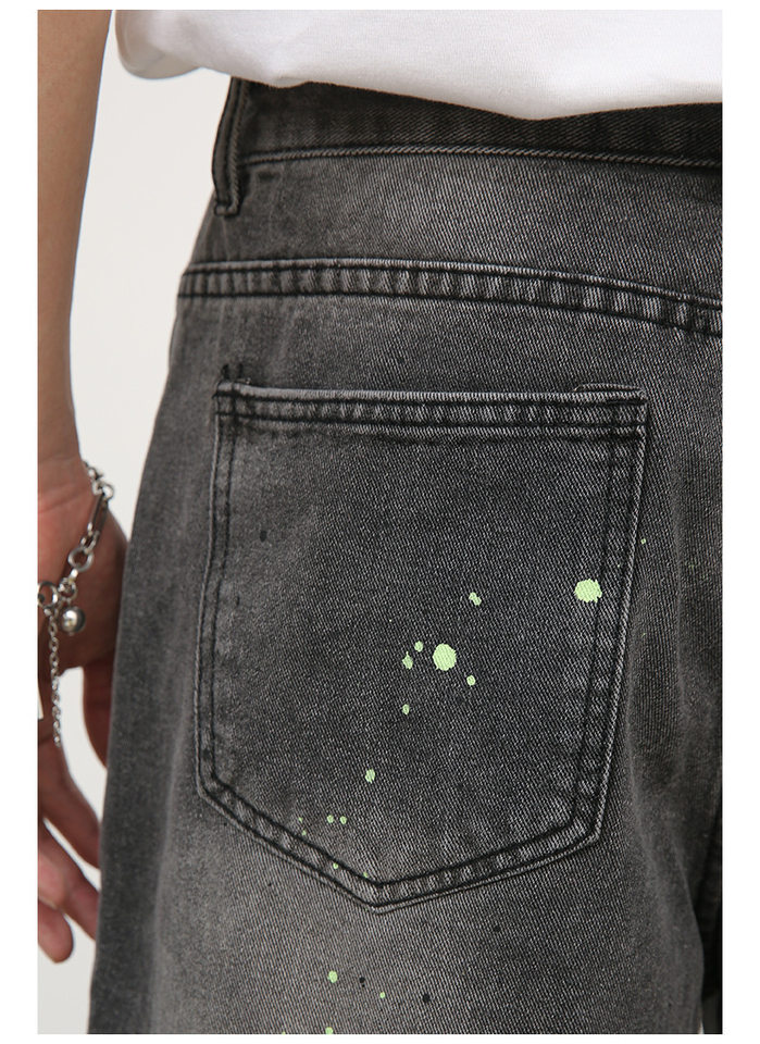 Quần short denim nam ống rộng lửng trên gối, họa tiết vệt sơn mực kiểu đường phố — Xanh lam nhạt, Đen xám chi tiết 12
