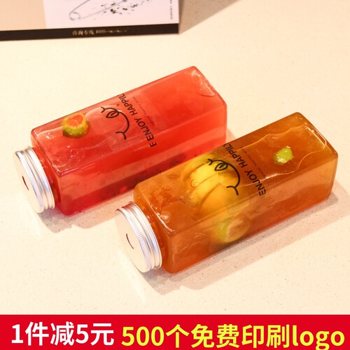 Trendy square bottle milk tea cups: Commercial-grade 500ml PET cups with creative designs, made from durable plastic—perfect for single-use packaging, complete with lids.