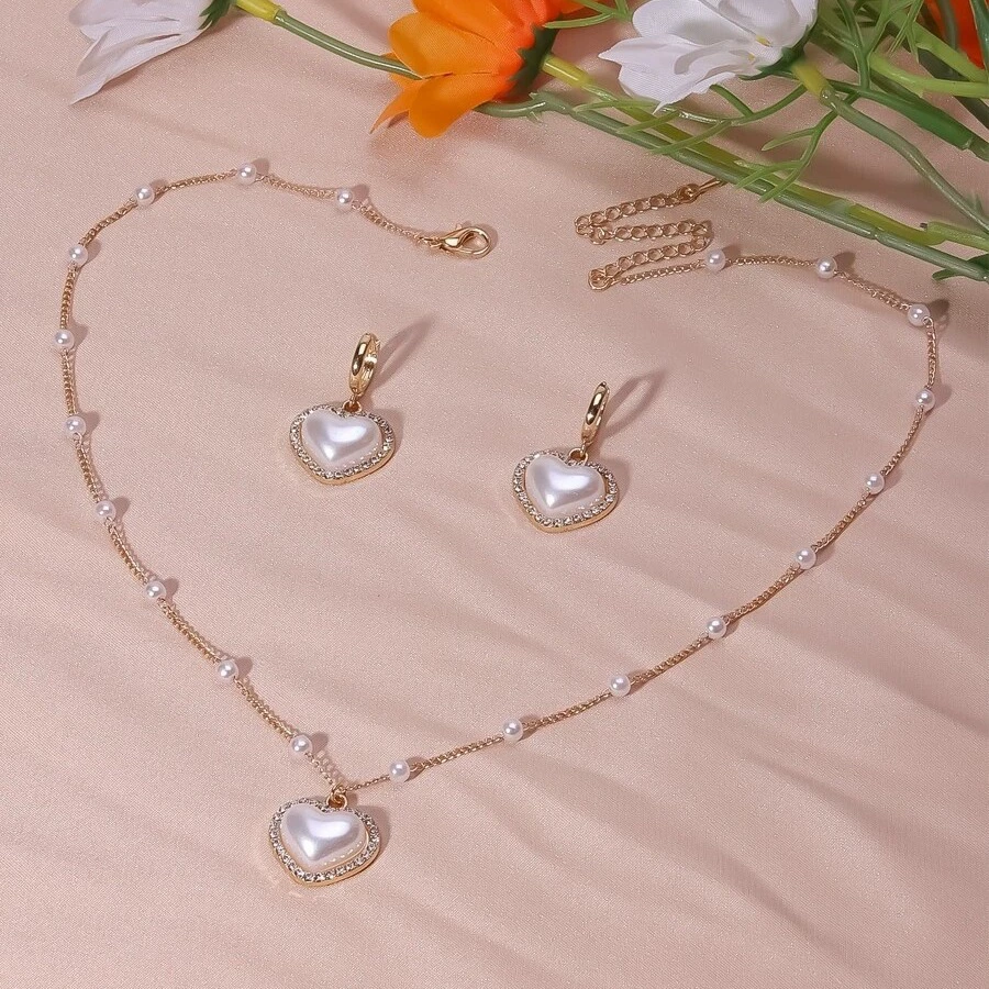 Повседневные корейские серьги с жемчугом в форме персикового сердца, инкрустированные бриллиантами, комплект ожерелья в стиле ретро, элегантное женское ожерелье, комплект серег